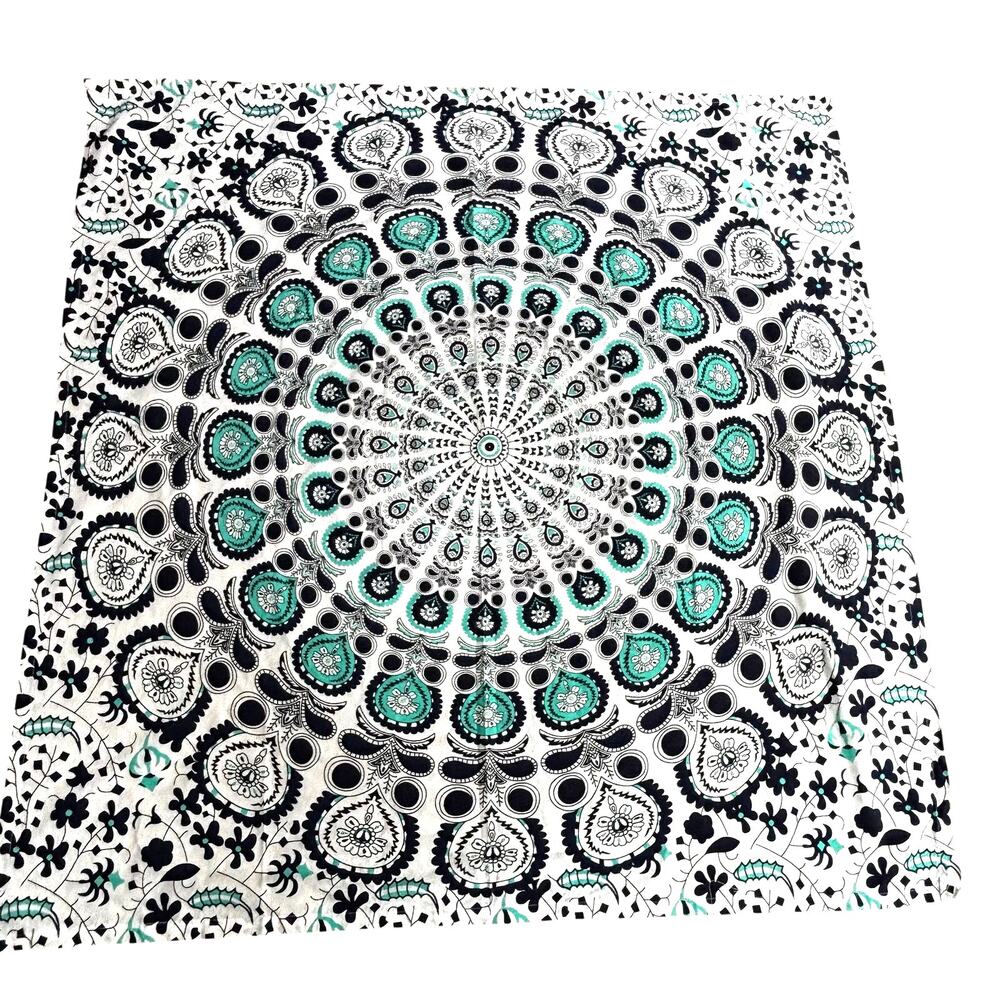 Huntington Home Printed Cotton Tablecloth Navy Blue Green & White Mandala Square